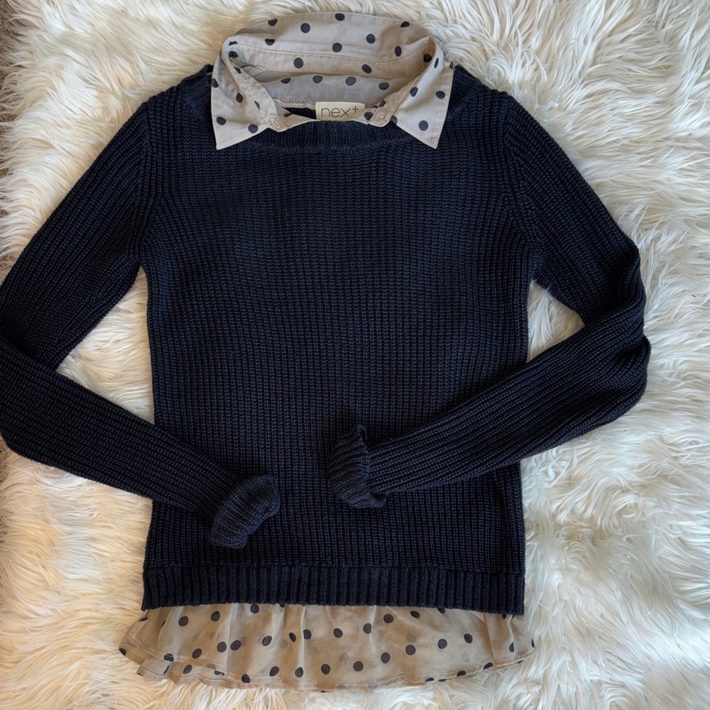 next..loves knitwear layered look navy blue sweater with polka under lay.